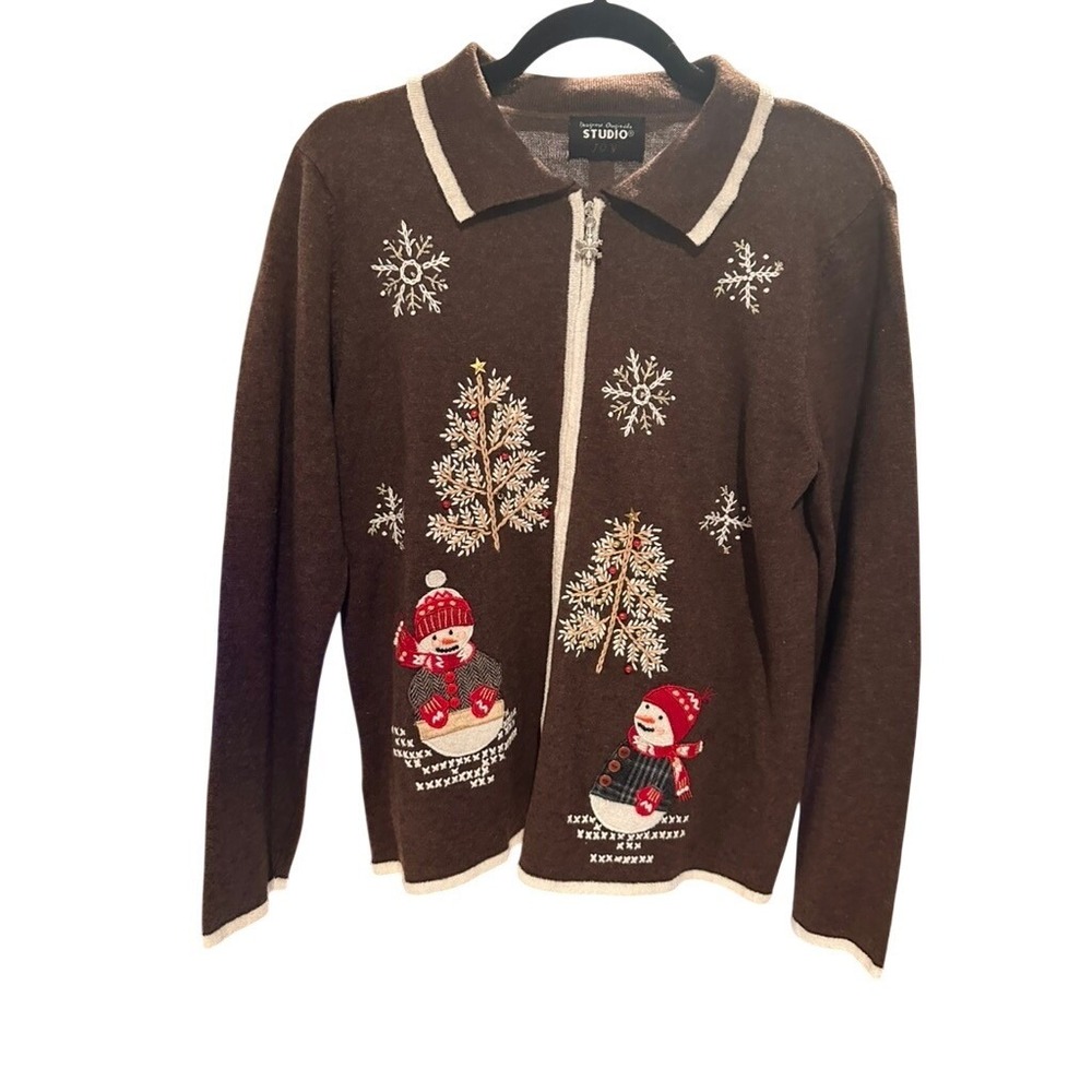 Designers Originals Studio Joy Brown Snowman Christmas Tree Zip Cardigan Sweater